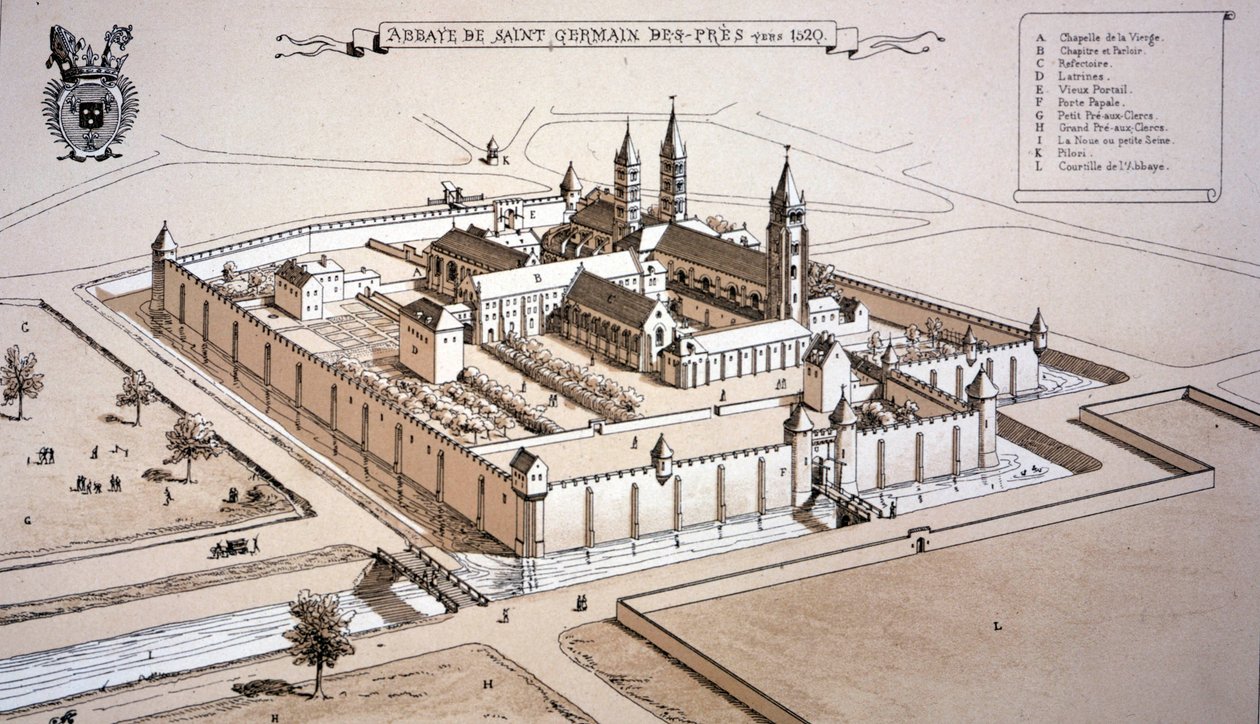 Abbey of Saint-Germain-des-Prés ca 1520 (färgad gravyr) av French School
