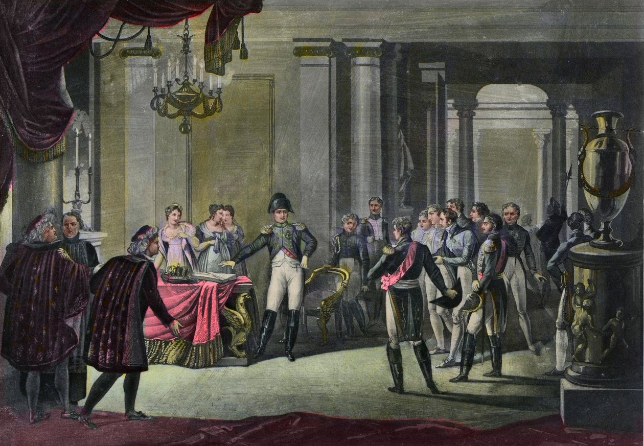 Abdikationen av Napoleon till Fontainebleau i april 1814 - Napoleons abdikering i Fontainebleau 1814 av French School