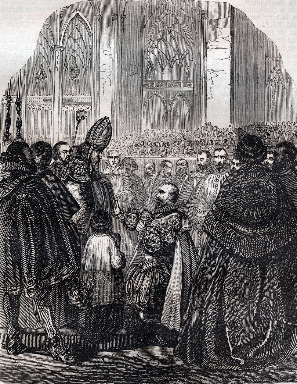 Abjurationen av Henrik IV, kung av Frankrike vid Saint Denis 25 juli av French School