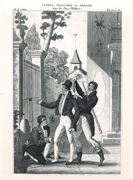 Skådespelaren Clozel som en elegant, från komedin "Les Deux Philibert" av Louis Benoit Picard (1769-1828), c. 1818 (gravyr) (svartvitt foto) av French School