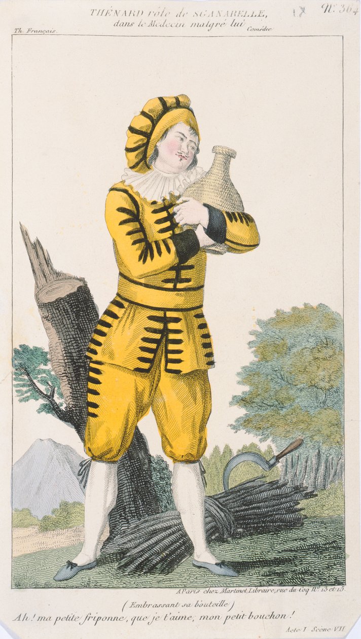 Skådespelaren Thenard i rollen som Sganarelle i pjäsen Le Medecin Malgre Lui, producerad i Paris på Comedie Francaise, tidigt 1800-tal av French School