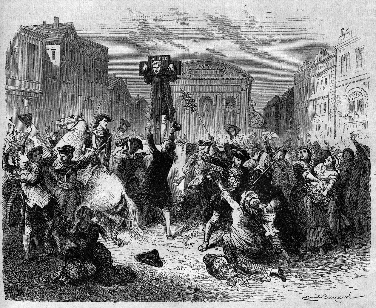 Den aglikanske författaren Daniel Defoe (1660-1731) fälldes 1703 för att ha skrivit mot den anglikanska kyrkans intolerans. Gravyr från 1870. av French School