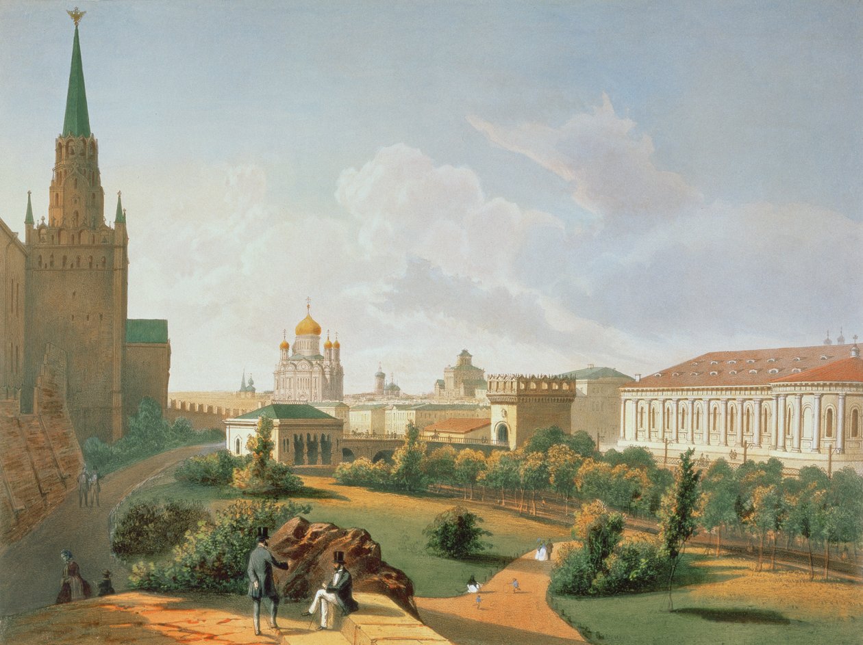 Alexanderträdgården i Moskva, tryckt av Jacottet och Bachelier, 1830 (färg litho) av French School