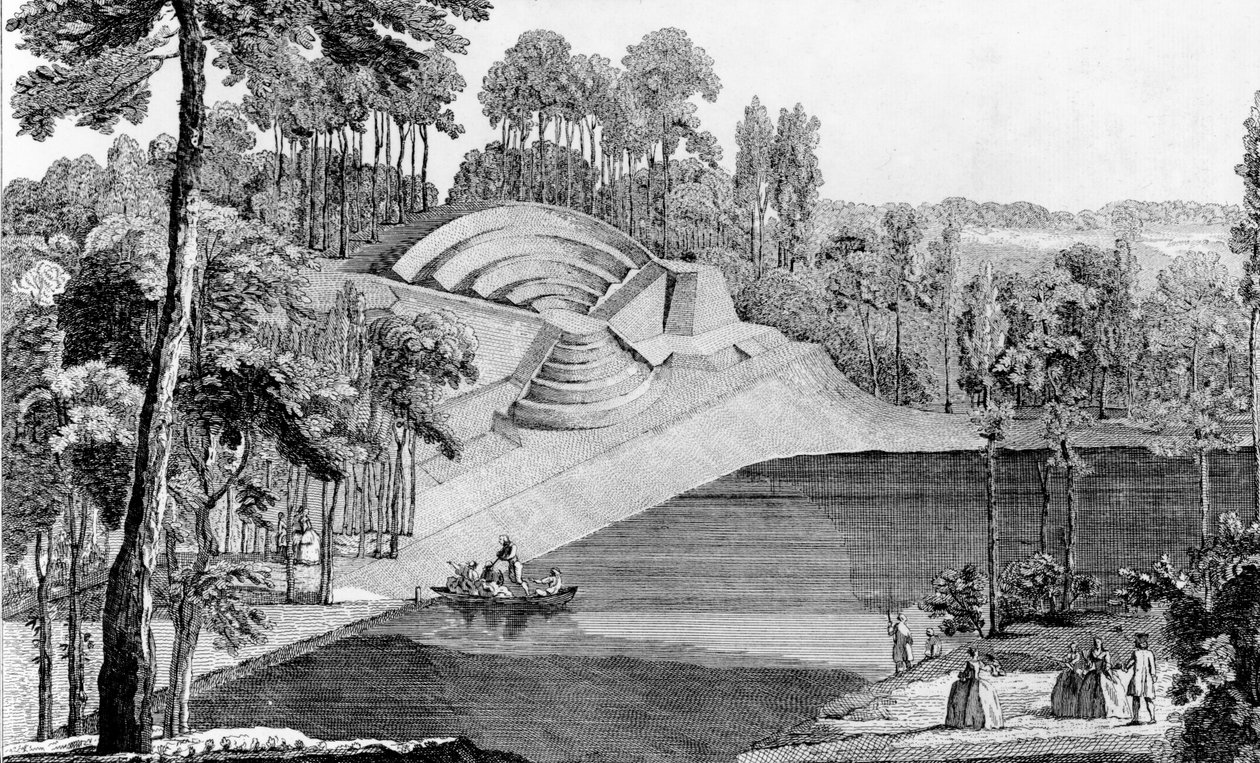 Amfiteatern i Claremont, 6 ligor från London, från Details des Nouveaux Jardins a la Mode, av George Louis le Rouge, publicerad ca 1770-87 av French School