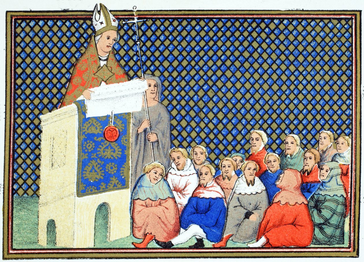Ärkebiskopen av Canterbury predikar för den engelska adeln mot Richard II, faksimilkopia från Le Prinse et Mort du Roy Richart av Jean Creton, omtryckt 1800-talet av French School