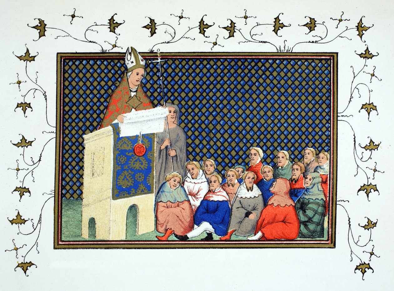 Ärkebiskopen av Canterbury predikar för den engelska adeln mot Richard II, faksimilkopia från Le Prinse et Mort du Roy Richart av Jean Creton, omtryckt 1800-talet av French School
