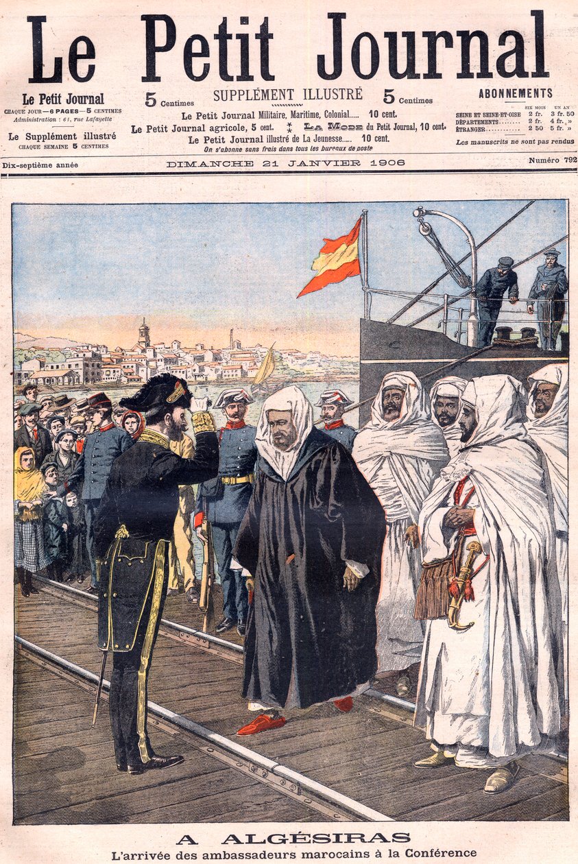 Ankomsten av de marockanska ambassadörerna, inklusive Sidi-Mohammed Torres till Algeciras-konferensen, från "Le Petit Journal", januari 1906 - Internationell konferens för europeiska makter och Förenta staterna hölls för att diskutera förhållandet mellan F av French School