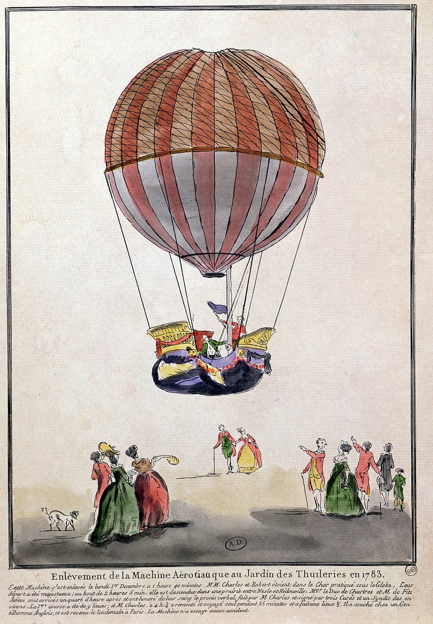 The Ascent of the Aerostat in Jardin des Tuileries, 1 december 1783 (penna & bläck och wc på papper) av French School