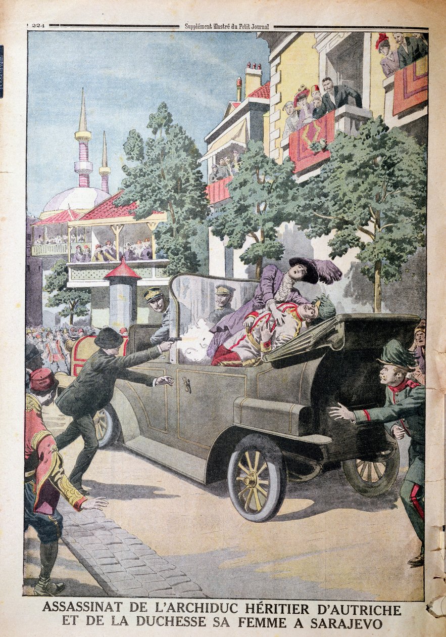 Mordet på ärkehertig Franz Ferdinand av Österrike (1863-1914) och hans hustru, hertiginnan Sophia, av Gavrilo Princip (1895-1918) i Sarajevo, 28 juni 1914, från Le Petit Journal, 12 juli 1914 (co. av French School