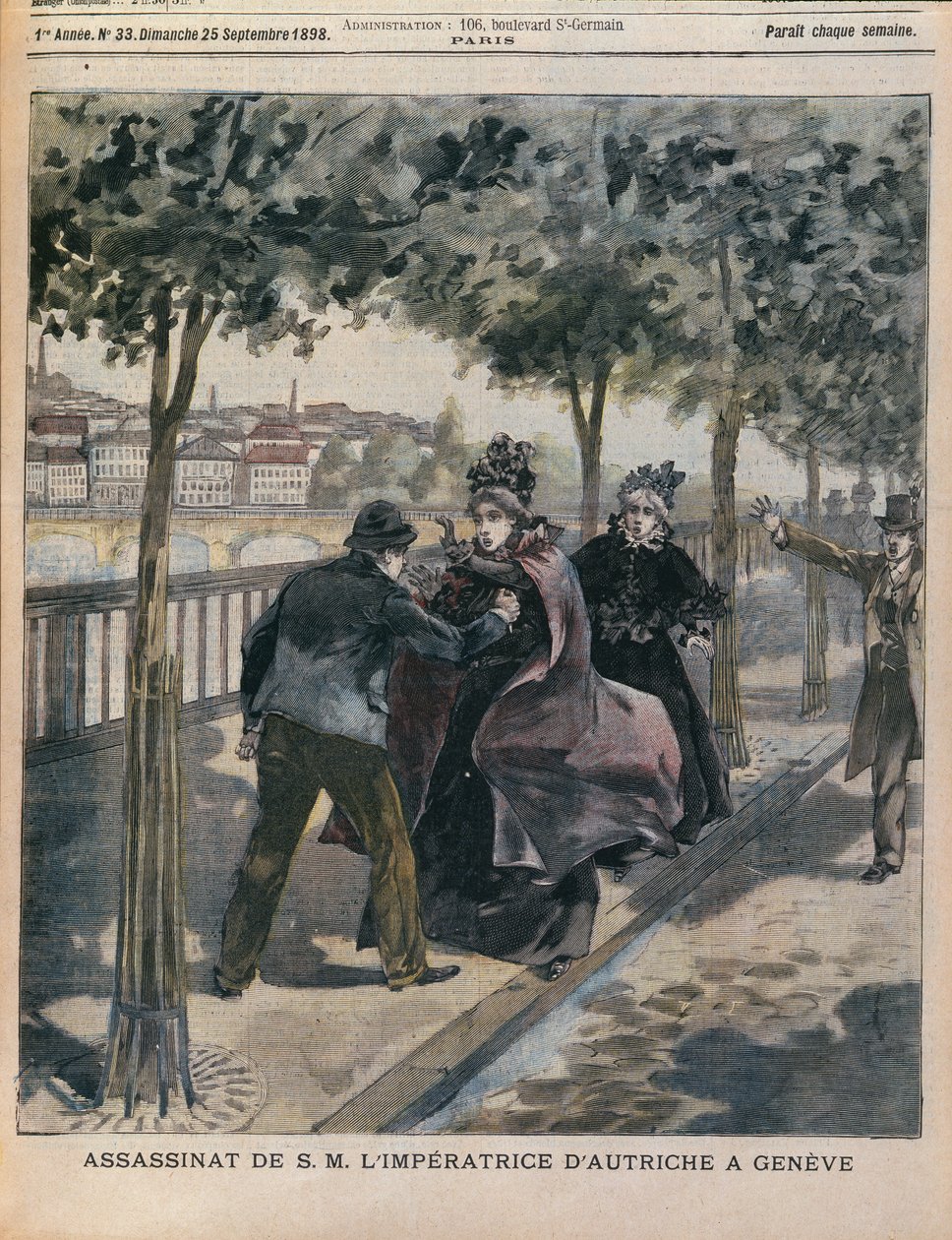 Mordet på Elizabeth (1837-98) Kejsarinna av Österrike i Genève, främre omslaget till LANnee Illustree, 25 september 1898 (färgstick) av French School