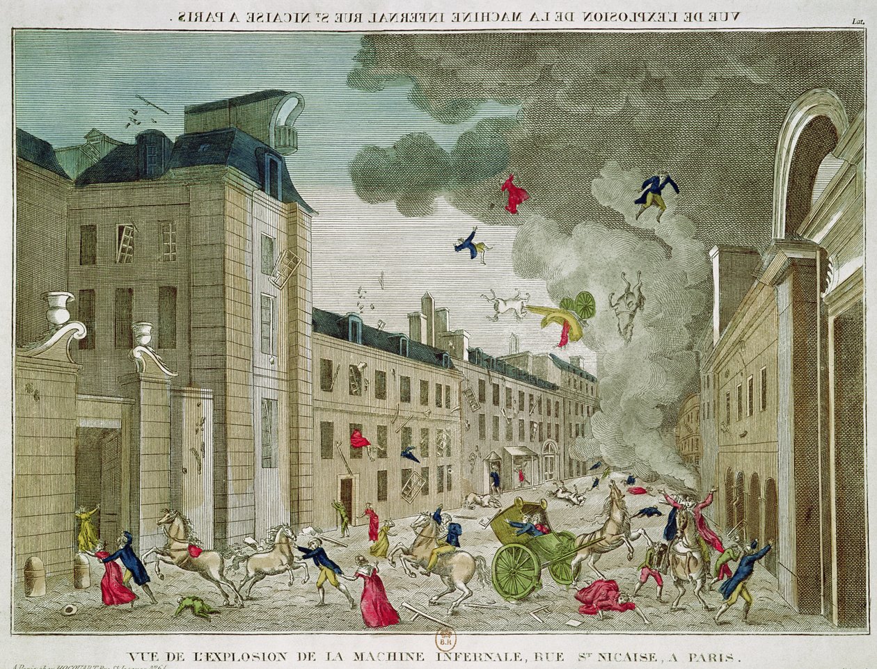 Mordförsöket på Napoleon Bonaparte (1769-1821) på Rue Saint-Nicaise, Paris, 24 december 1800 (färgad gravyr) av French School