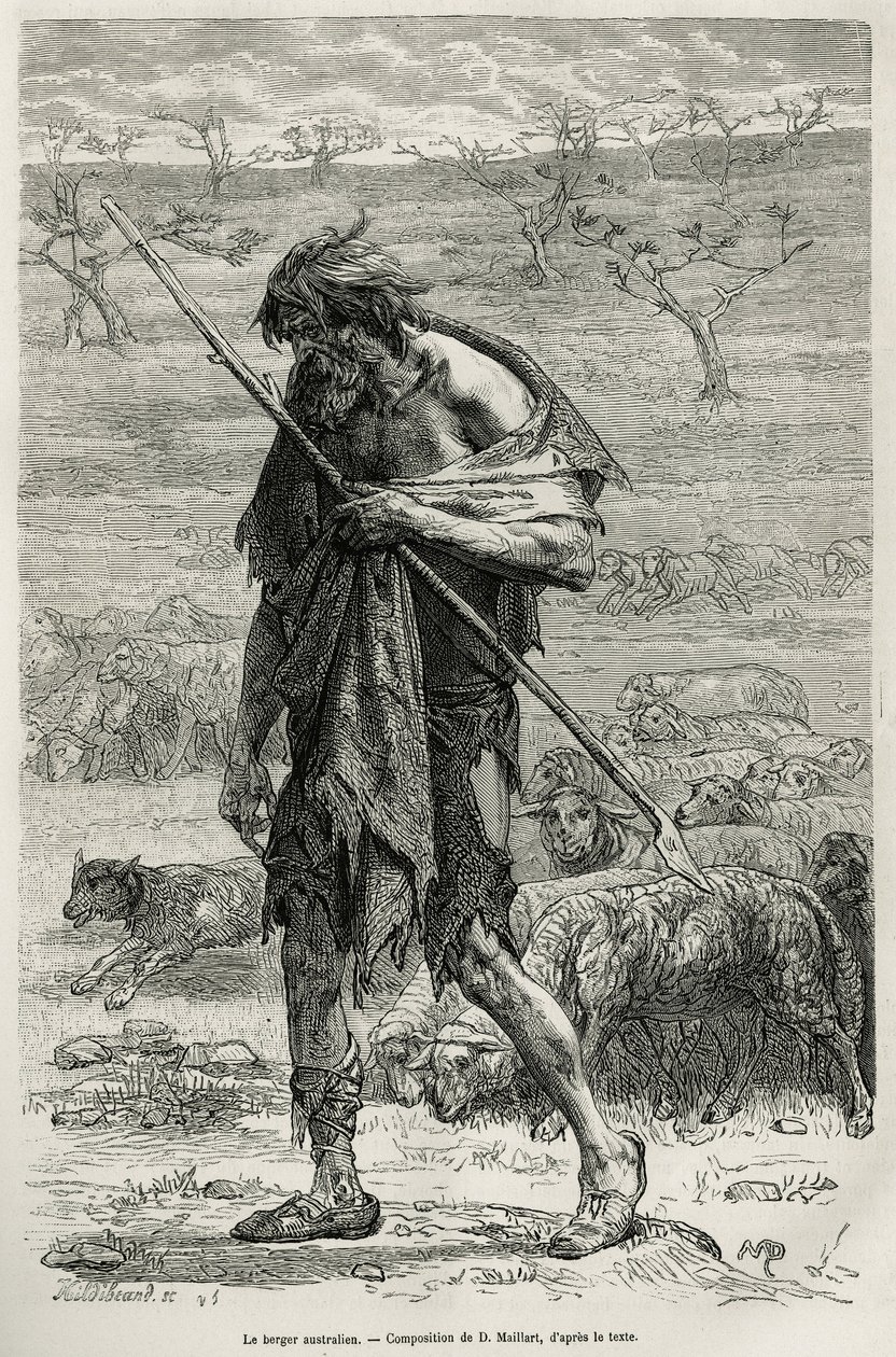 Den australiensiska herden, graverad efter en teckning av D. Maillart, för att illustrera berättelsen sex månader i Australien, av Desire Charnay, en missionsuppgift från Ministry of Public Education, 1878, publicerad i tour du monde, under ledning av E av French School