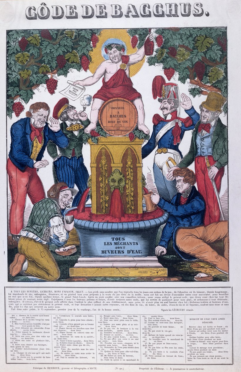 Bacchuskoden, Alla obehagliga människor är vattendrickare, karikatyr om alkoholism, Imagerie de Metz, ca 1840 av French School