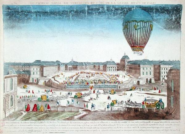 Francois Pilatre de Roziers (1754-96) ballongresa över Chateau de Versailles, 23 juni av French School