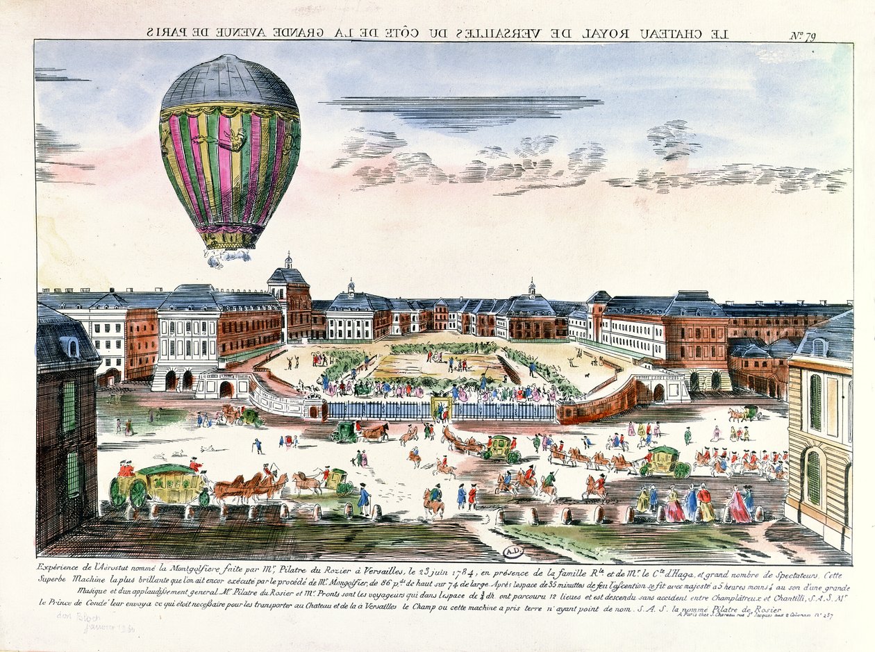 Francois Pilatre de Roziers (1754-96) ballongresa över Chateau de Versailles, 23 juni 1784 av French School