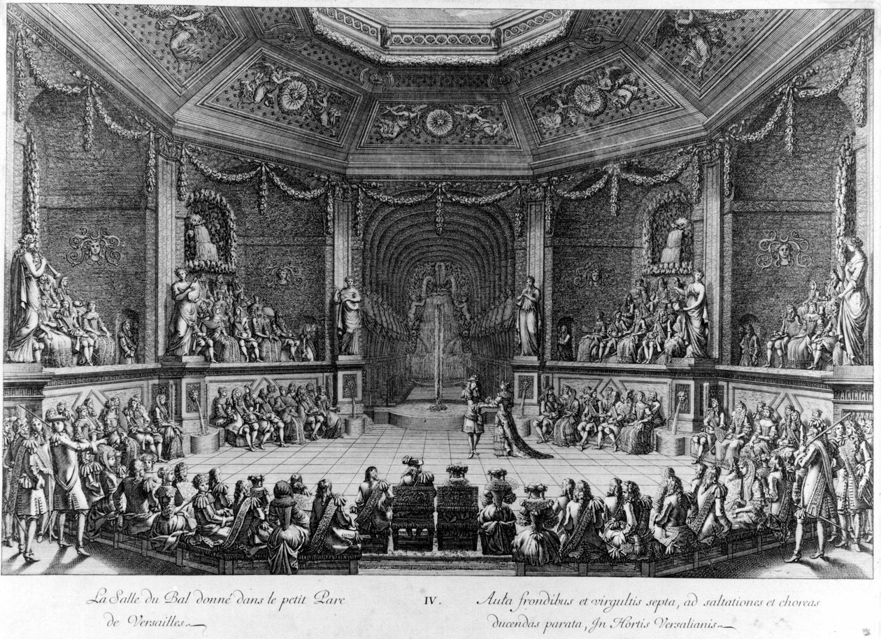Balsalen ges i den lilla Parc de Versailles, gravyr 1678. av French School