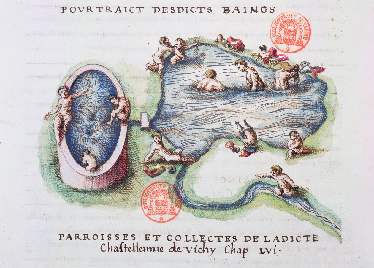 The Baths at Vichy, från Generale Description du Bourbonnais av Nicolas de Nicolay (1517-83) 1569 (wc på papper) av French School