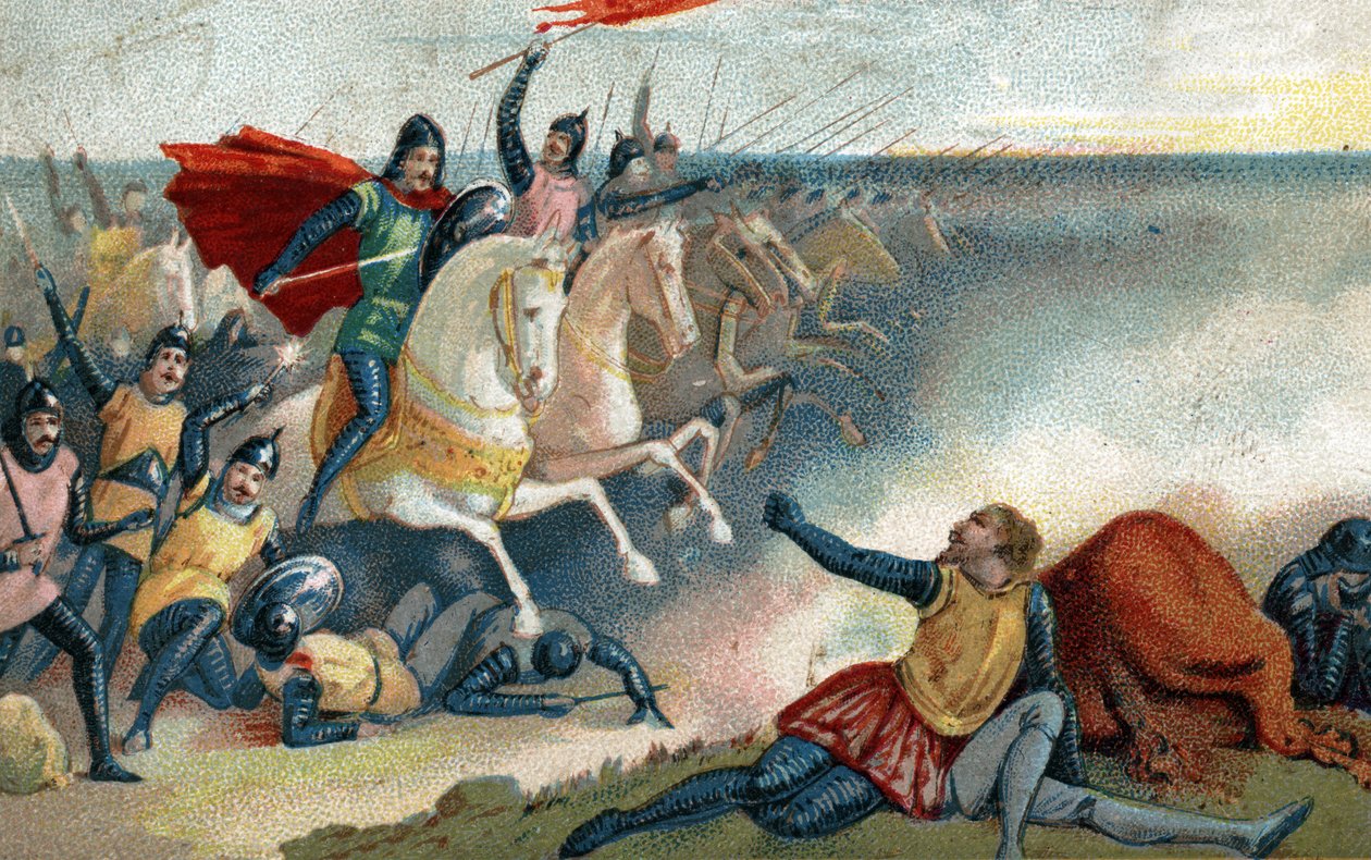 Slaget vid Hastings den 14/10/1066 mellan sachsarna av Harold II och Norman Armee (William I the Conquerant). Kromolitografi från slutet av 1800-talet. av French School