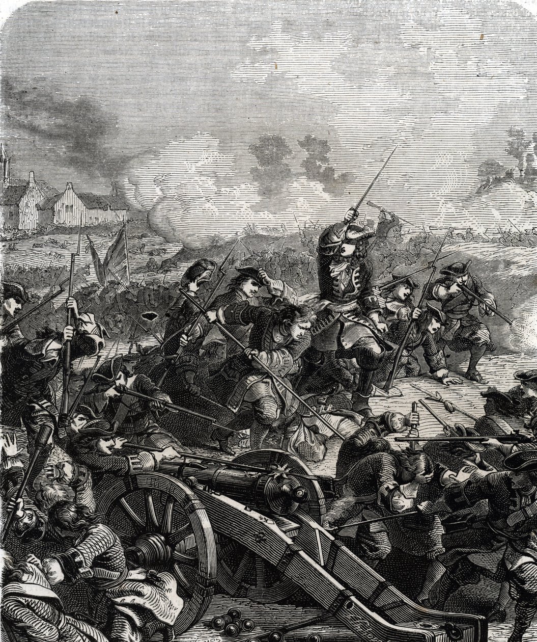 Slaget vid Landen eller Neerwinden utkämpades i dagens Belgien den 29 juli 1693 under nioåriga kriget (gravyr) av French School