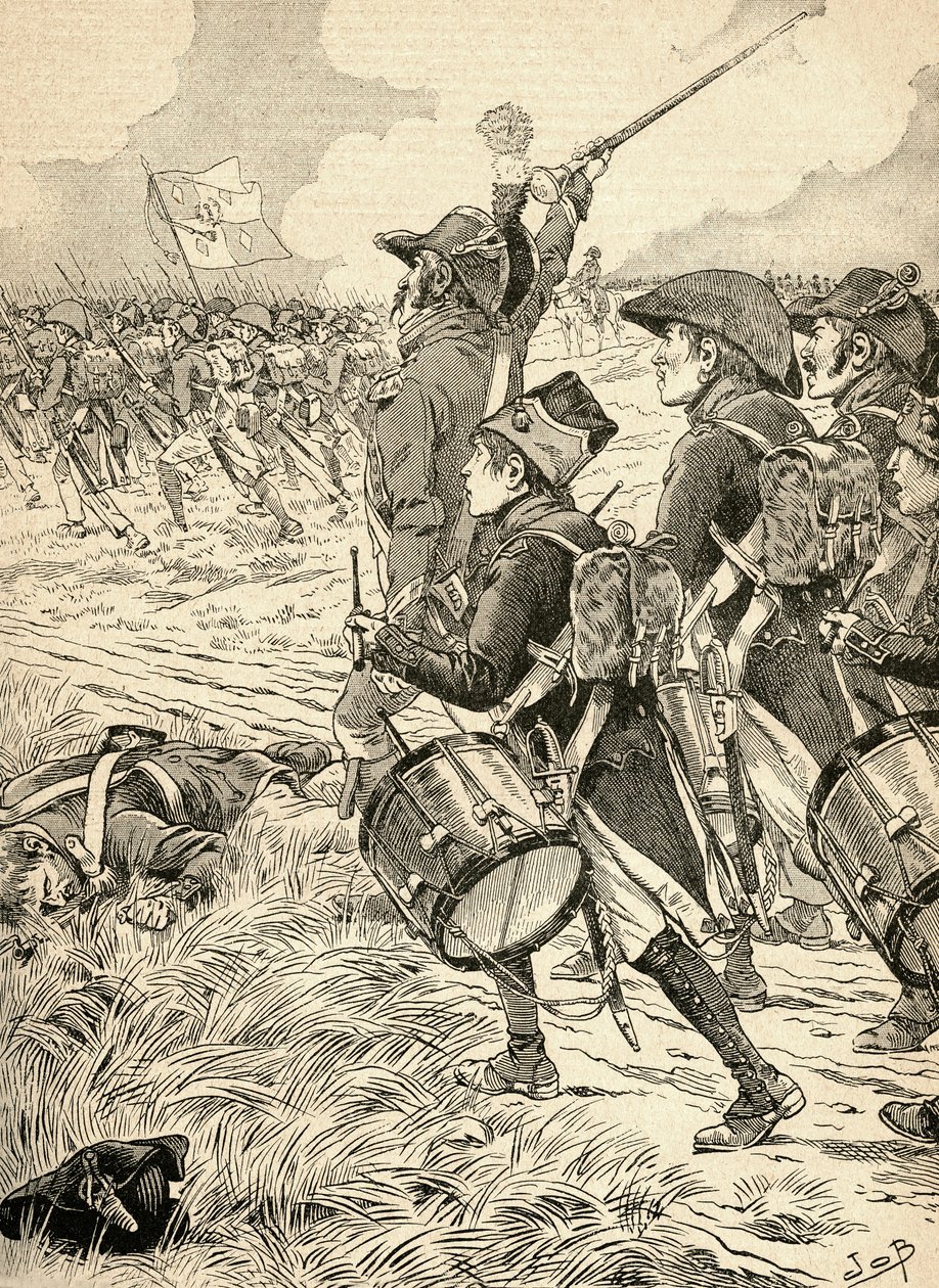 Slaget vid Marengo, Italien 1800, utkämpades mellan de franska styrkorna under Napoleon Bonaparte och österrikarna. Från Agenda Buvard du Bon Marche publicerad 1917. av French School