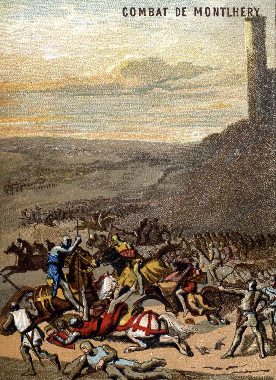 Slaget vid Montlhery (1227): Kungadömena och feodaliten - Blanche de Castille, regente för sin son Ludvig IX, var den stora feodalens revolt. Chromolithography of the Series "" Patriotic Education through Image"". av French School