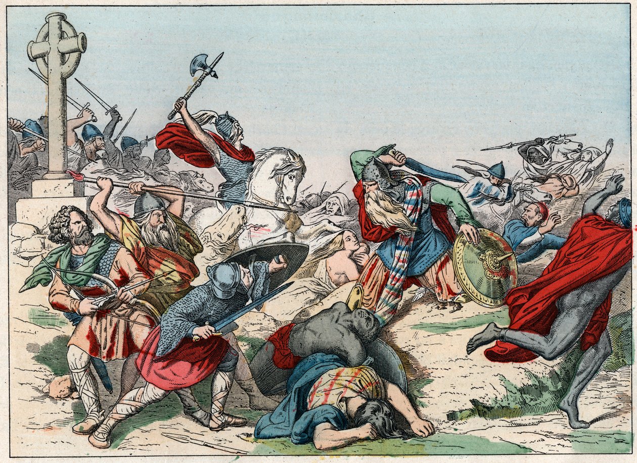 Slaget vid Poitiers den 25 oktober 732 vunnet av Charles Martel - Slaget vid Poitiers, 25 oktober 732, vunnet av Charles Martel (688-741) - Gravyr från slutet av 1800-talet i "" Nos Gires Nationales - Bilder och recits ”” av French School