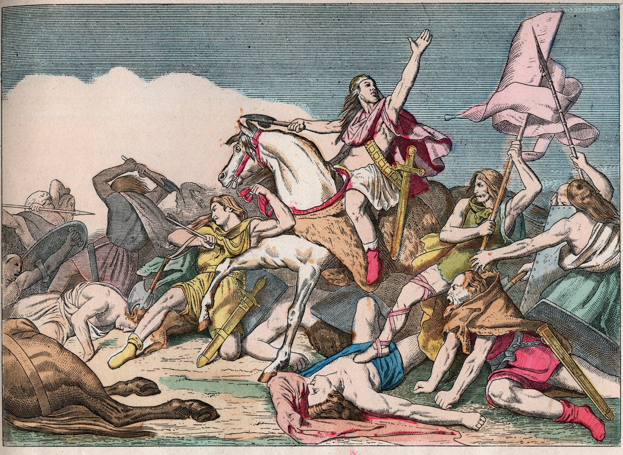 Slaget vid Tolbiac, Clovis seger (466-511) över Alamanerna (496) - Clovis I (466-511) vid slaget vid Tolbiac, 496 AD - Gravering av slutet av 1800-talet i "" Nos Gires Nationales - Bilder och reciter"" av French School