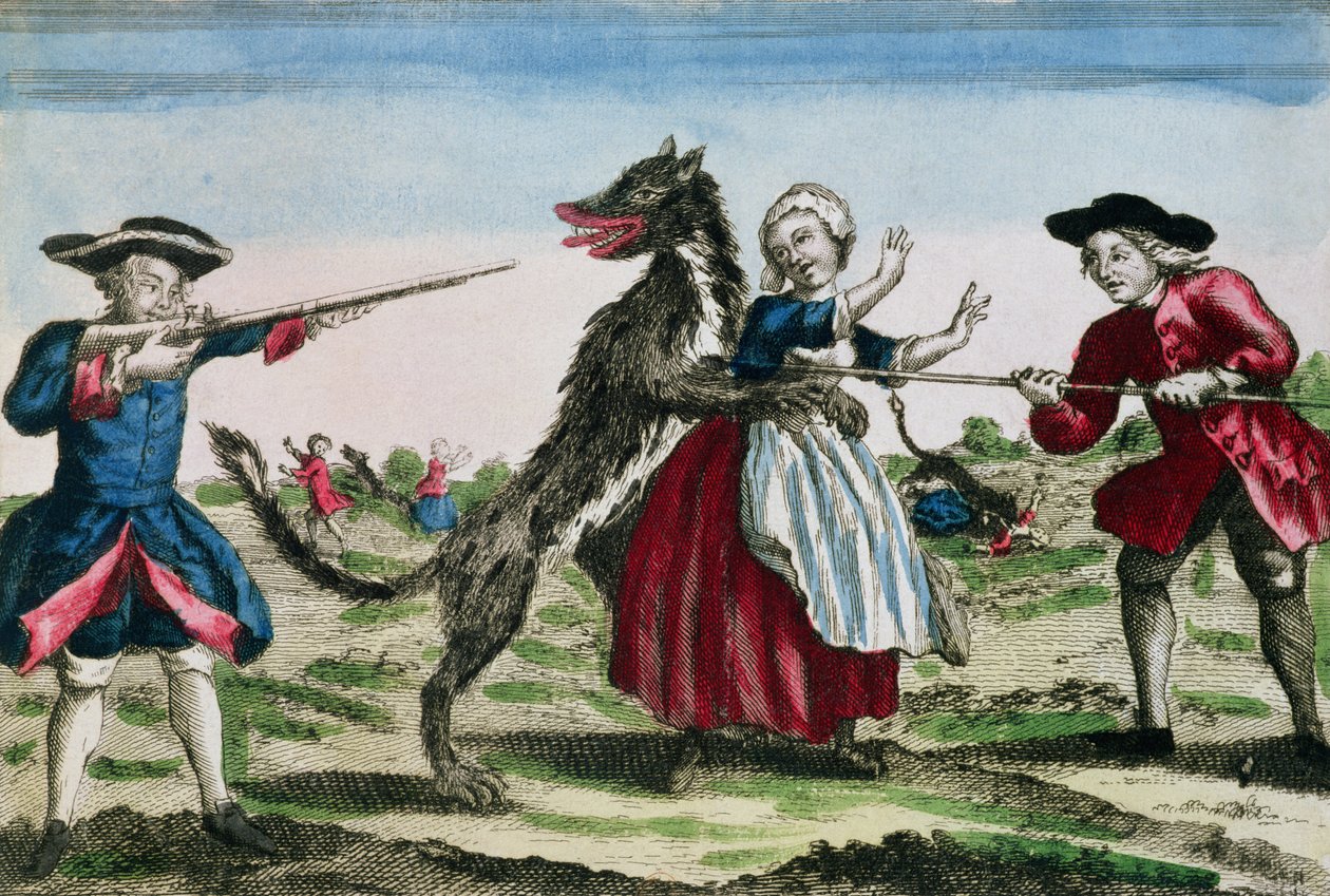 The Beast of Gevaudan, publicerad av Basset, 1764 (färggravyr) av French School