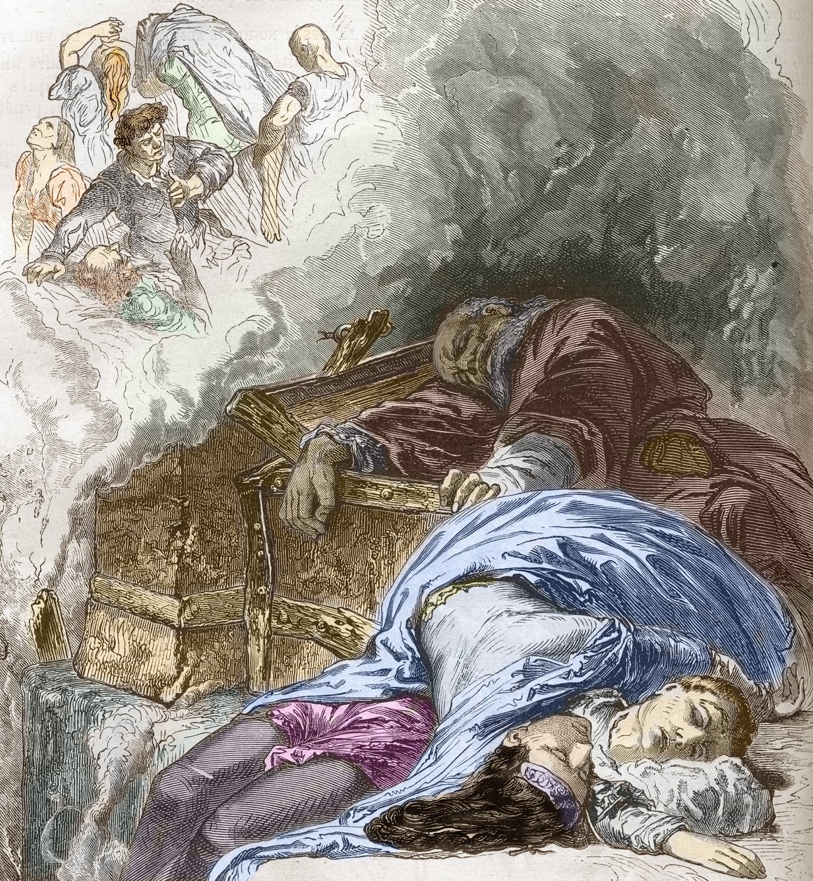 Svartedöden: slakt av judar, 1348, illustration från Histoire-populaire-de-France av Charles Lahure, 1866 (handfärgad gravyr) av French School