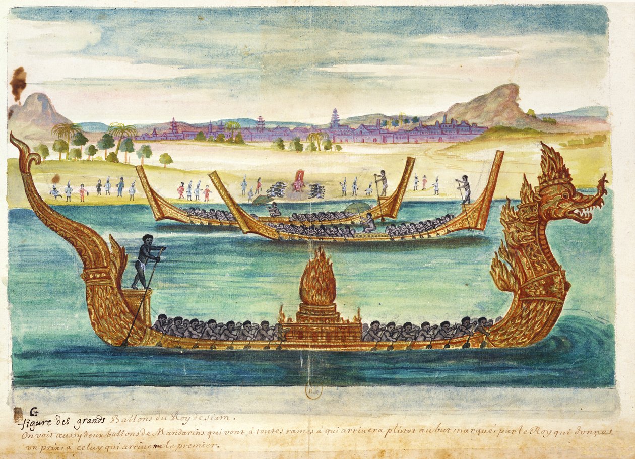 The Boats of the King of Siam, från en redogörelse för jesuiterna i Siam, 1688 (wc på papper) av French School