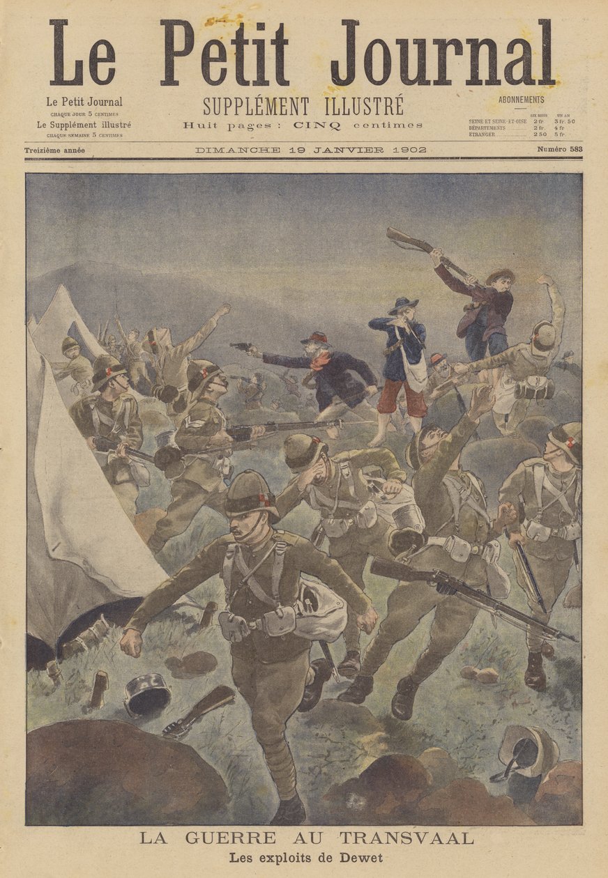 Boerkriget: Christiaan de Wet och hans bedrifter (färglitografi) av French School