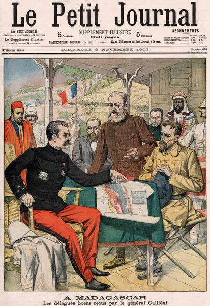 Boerdelegationen mottogs av general Joseph Simon Gallieni (1849-1916) på Madagaskar, omslaget till Le Petit Journals färgbilaga n.625, 9 november 1902 av French School