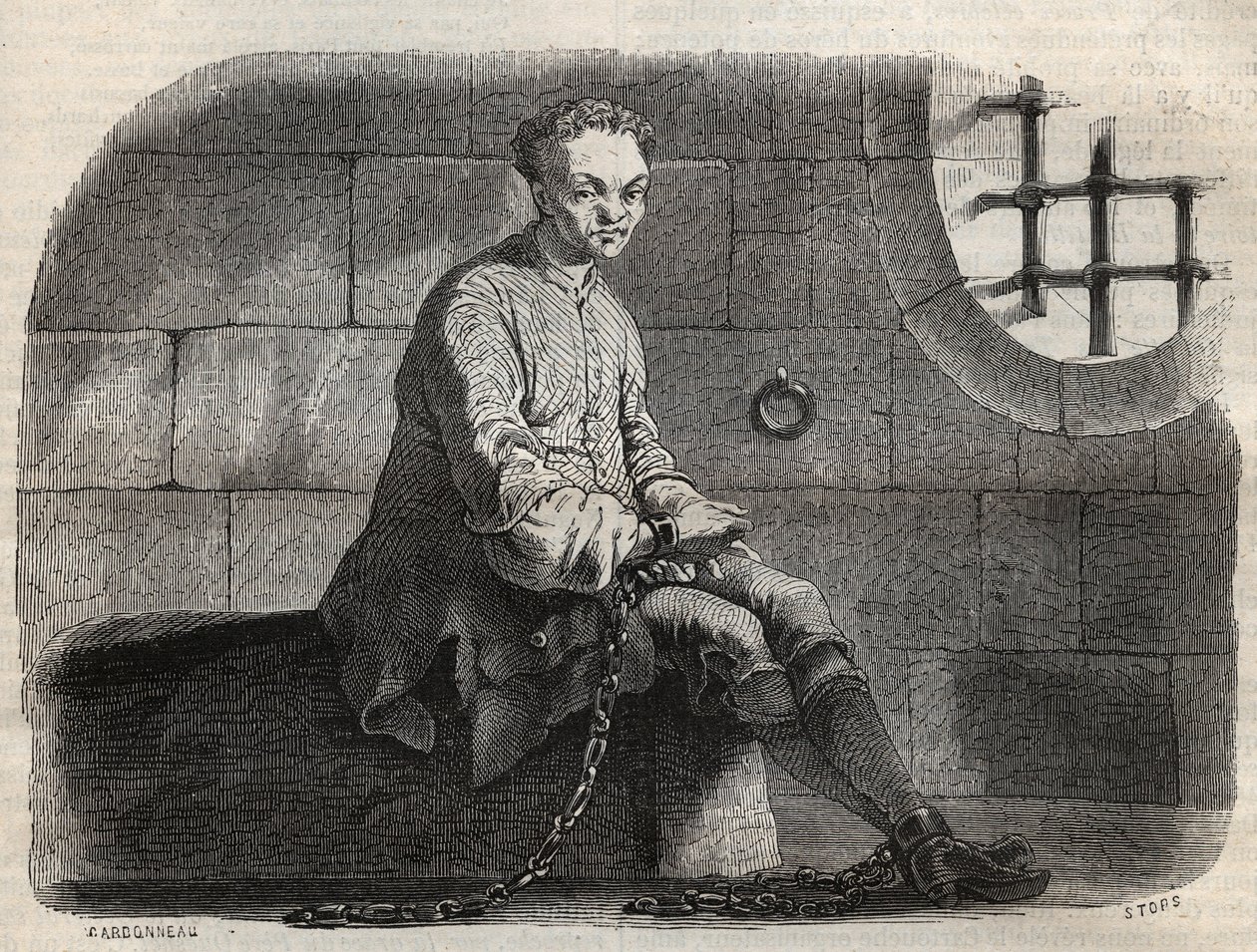 Brigand Louis Dominique Garthausen dit patron (1693-1721) i fängelse - Gravering i "" Causes celebres de tous les peuple"" av Armand Fouquier (1817-18?) 1858-1867 - privat samling av French School
