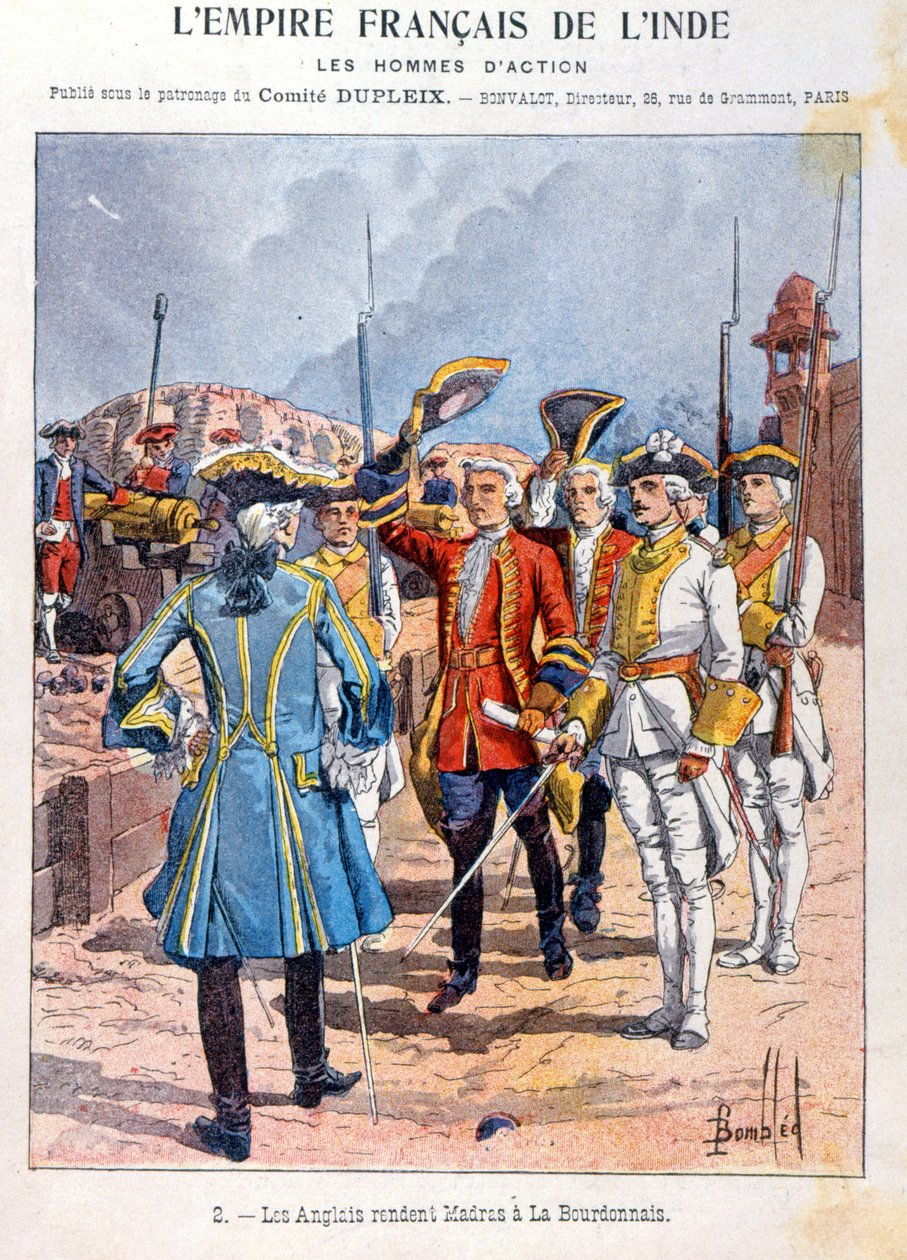 Britterna överlämnar Madras till den franske befälhavaren Mahe de la Bourdonnais 21 september 1746, omslag till skolövningsbok, ca 1900 av French School
