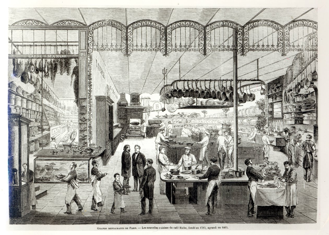 The Cafe Riche nya kök, 1866 av French School