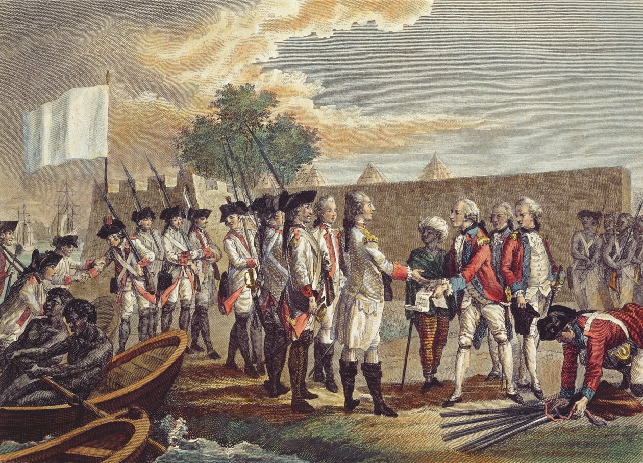 The Capture of Senegal, graverad av Nicholas Ponce (1746-1831) 1799 (färggravyr) av French School