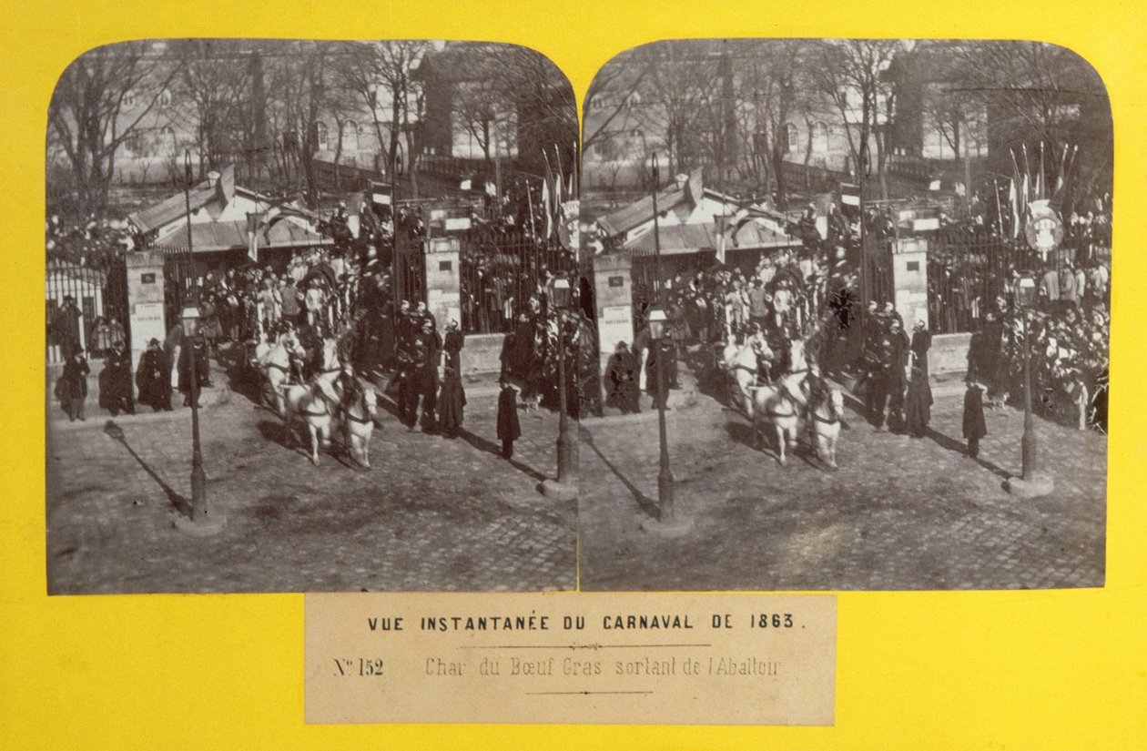 Karnevalen 1863 i Paris, den feta oxeflöten lämnar slakteriet, stereoskopisk vy, 1863 av French School