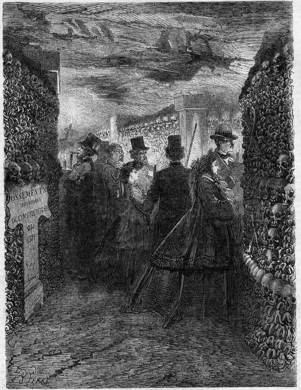 Katakomberna i Paris 1865: Ett besök på gallerierna i Ossuaire. av French School