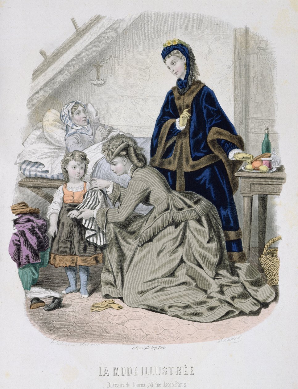 The Charitable Visit, illustration från La Mode Illustree, ca 1870 (färggravyr) av French School