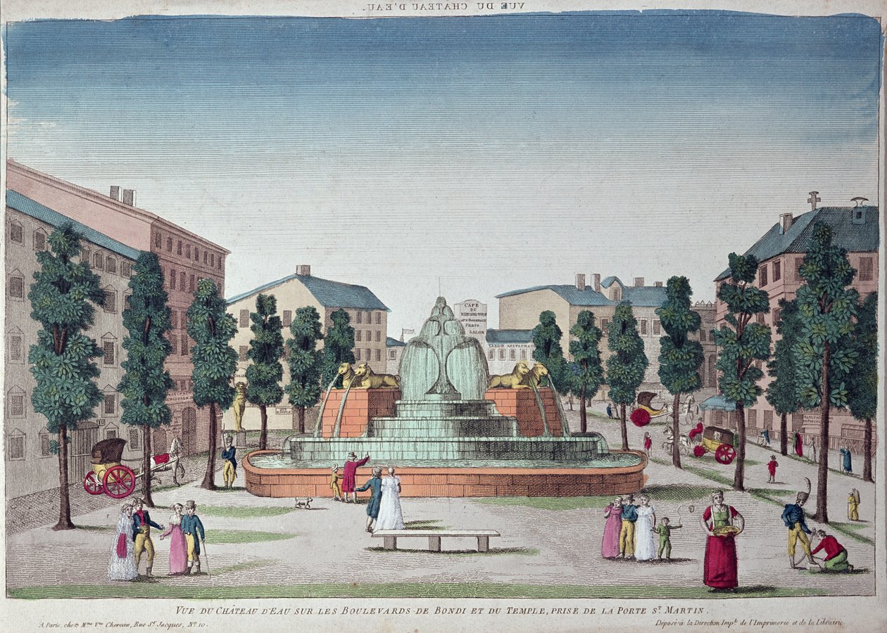 Chateau dEau-fontänen på Boulevard du Temple, Paris (färggravyr) av French School