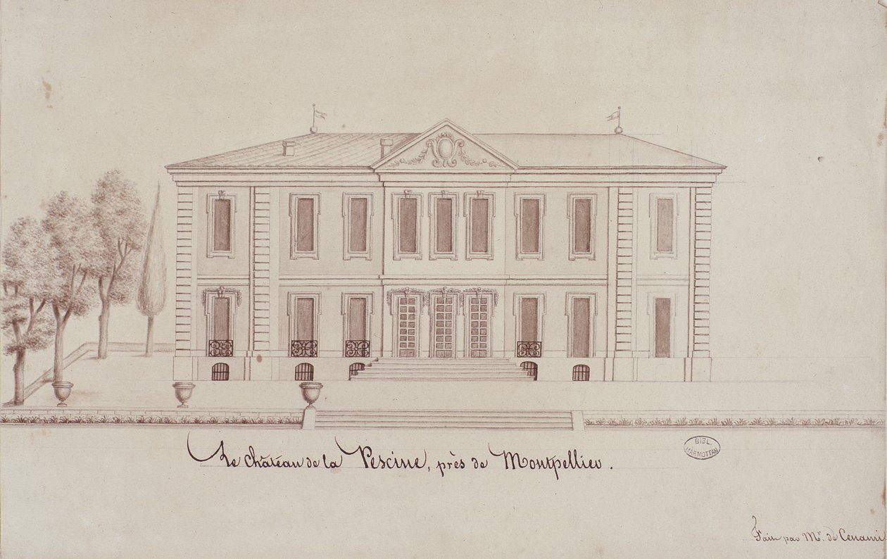 Chateau de la Piscine, nära Montpellier, ritat av Monsieur de Cenani (penna och bläck på papper) av French School
