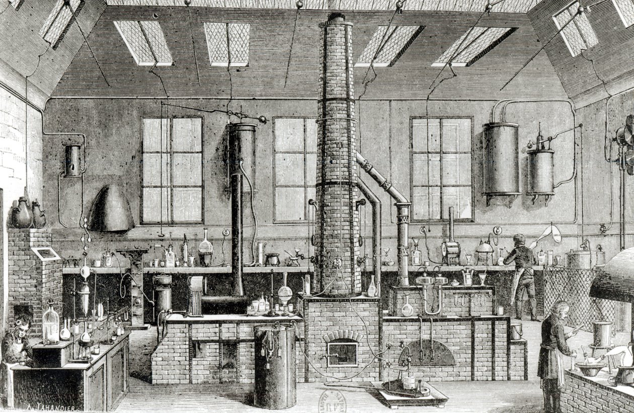 Kemilaboratoriet vid en skola i Paris, från Almanach du Magasin Pittoresque, 1870 av French School