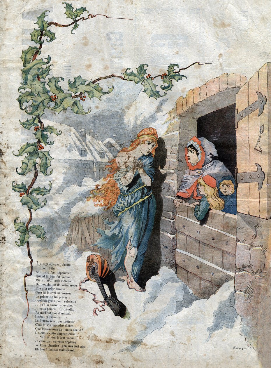 Cigalen och myran. Fabler av Jean de La Fontaine (1621-95). Illustration av Michelet SC. sent 1800-tal. av French School