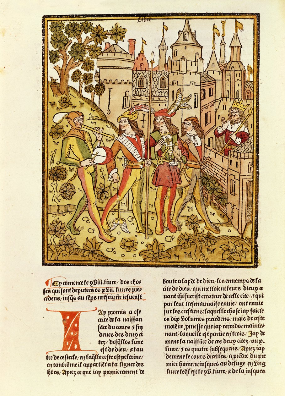 Guds stad och detta århundrades stad, från La Cite de Dieu, 1486-87 (xylograf) av French School