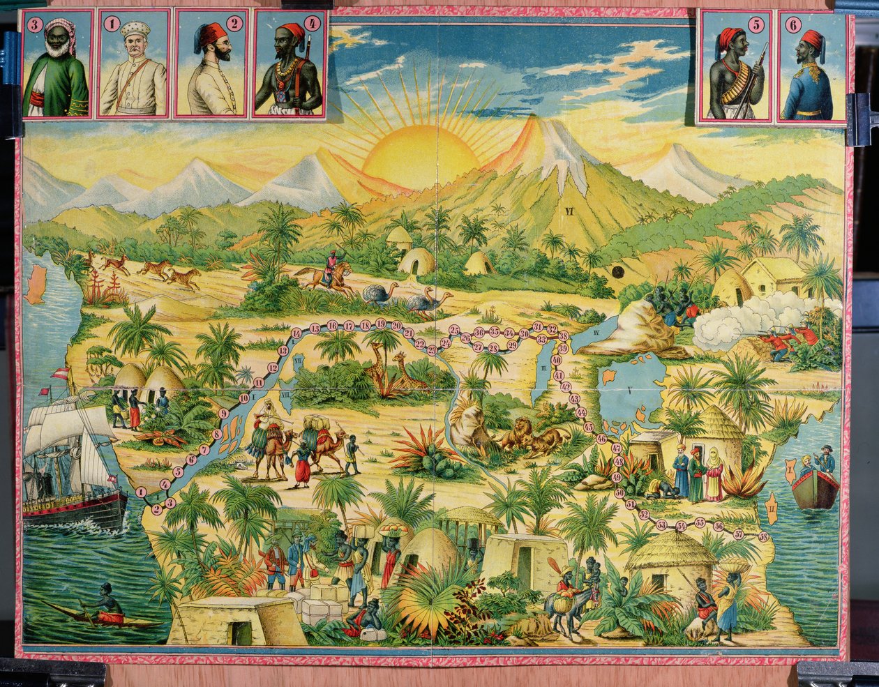 The Conquest of Africa, brädspel baserat på Sir Henry Morton Stanleys (1841-1904) och David Livingstones (1813-73) resor (färgstick) av French School