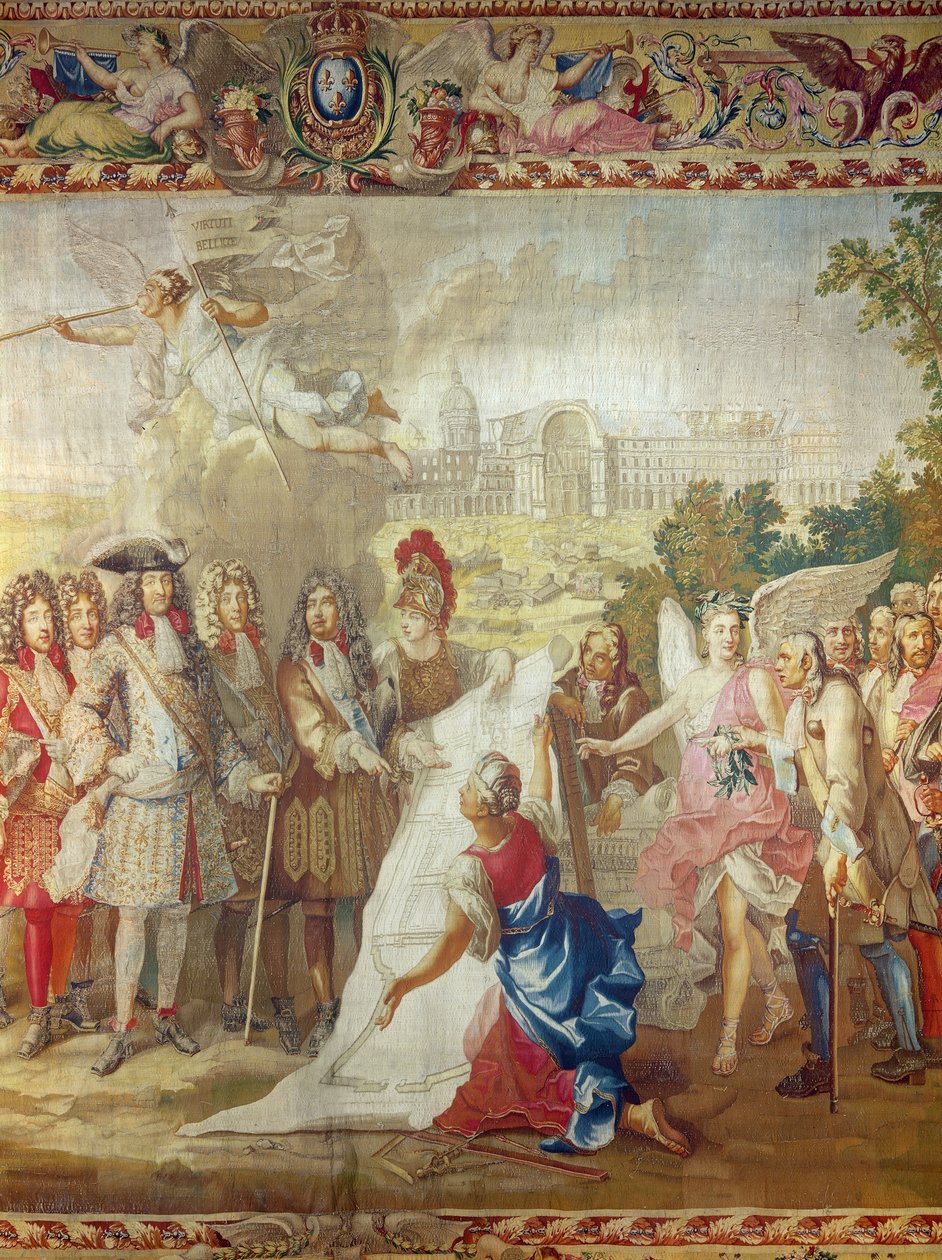 Konstruktionen av Les Invalides 1670, central detalj från The History of the King, efter Adam Frans Van der Meulen (1632-90) och Charles Le Brun (1619-90) Gobelins Workshop av French School