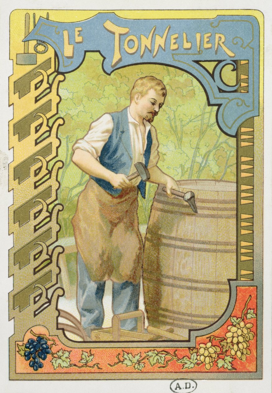 The Cooper, illustration från en bok om hantverk, c.1899 av French School