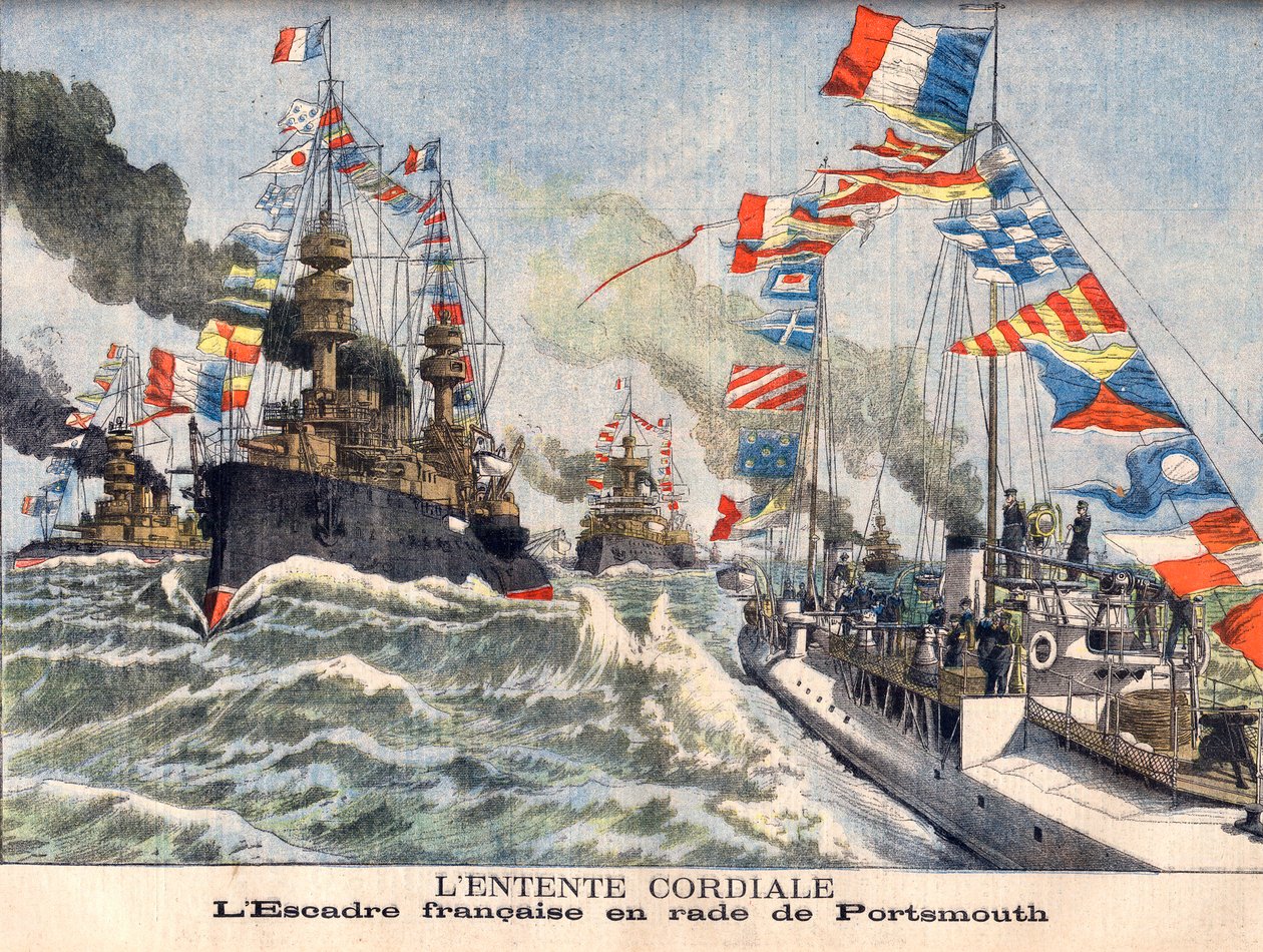 Den hjärtliga ententen. Engelsk flotta skvadron i Portsmouths hamn. Den hjärtliga ententen. French Wing i Portsmouth. Illustration för Le Petit Journal av French School