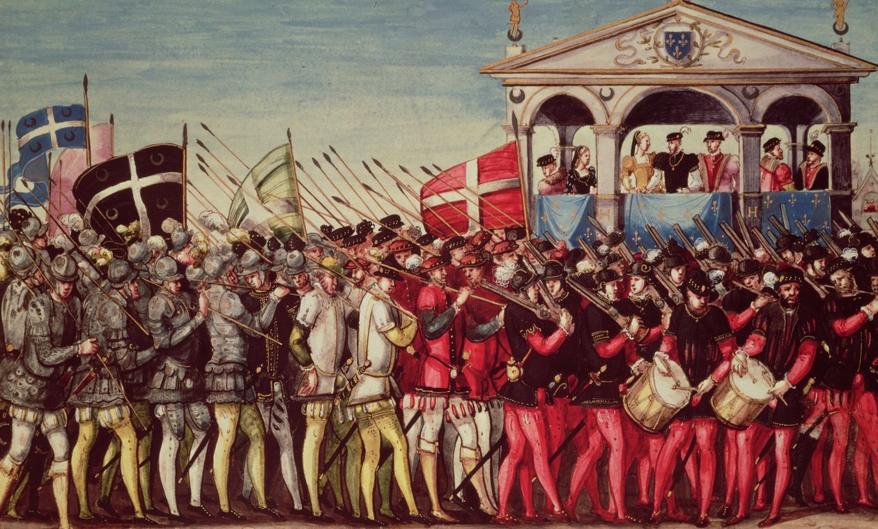 Trummisarnas och soldaternas Cortege vid Henri II:s Royal Entry Festival (1519-59) till Rouen, 1 oktober 1550 av French School