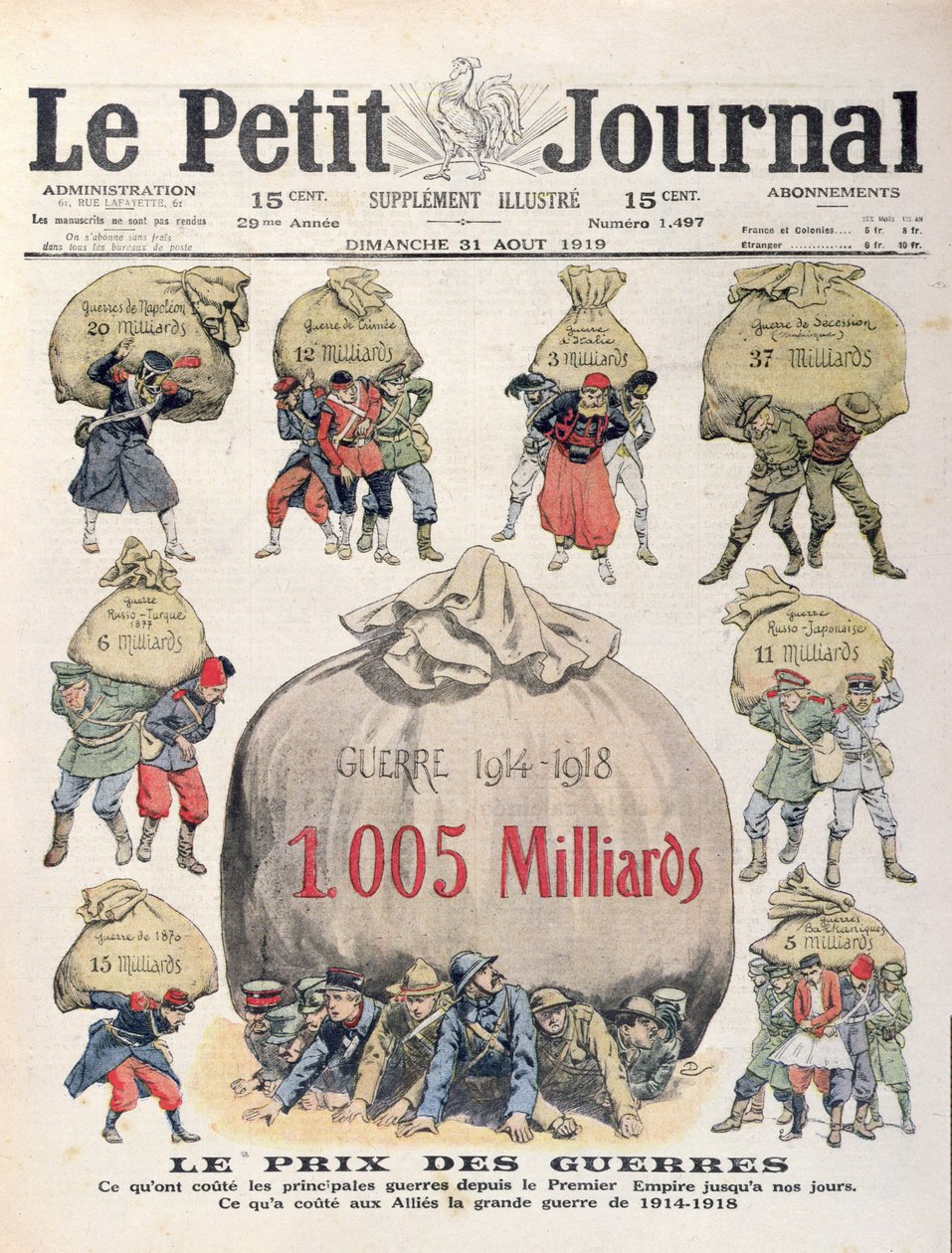 The Cost of Wars från Napoleonperioden fram till 1:a världskriget, framsidan av Le Petit Journal, 31 augusti 1919 av French School